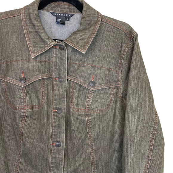Spanner Olive Denim Botton-Down Jean Jacket Size 12 Spandex Stretch Blend Green - Picture 14 of 14